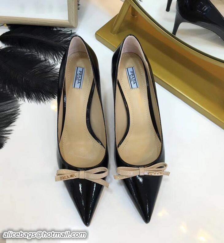 Discount Prada Mid-Heel Pumps P93710 Black with Bow 2019