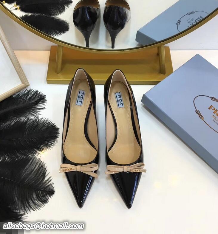 Discount Prada Mid-Heel Pumps P93710 Black with Bow 2019