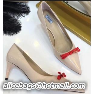 Best Price Prada Mid-Heel Pumps P93710 Nude with Bow 2019