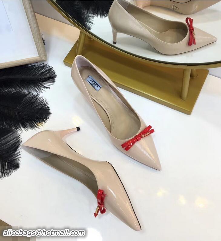 Best Price Prada Mid-Heel Pumps P93710 Nude with Bow 2019