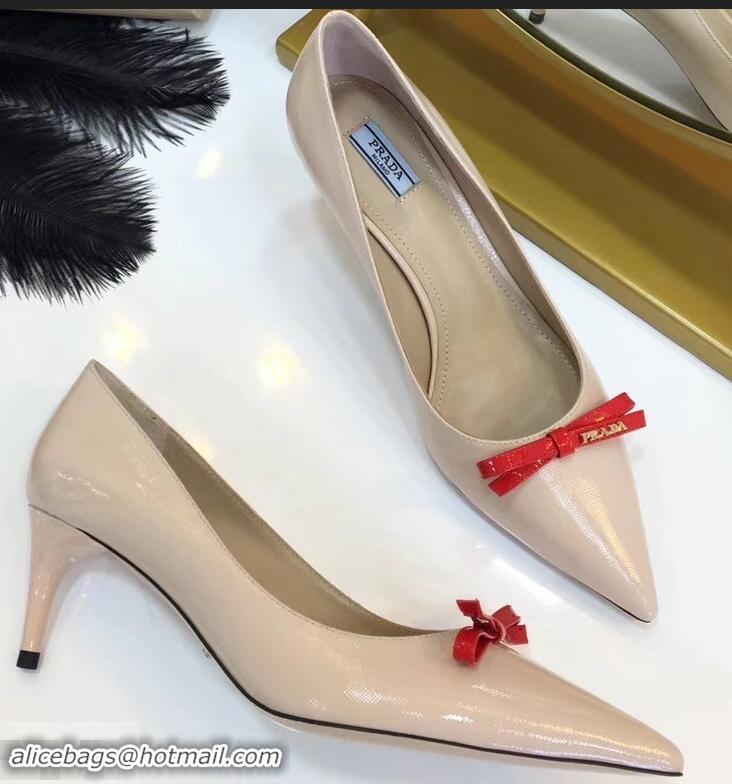 Best Price Prada Mid-Heel Pumps P93710 Nude with Bow 2019