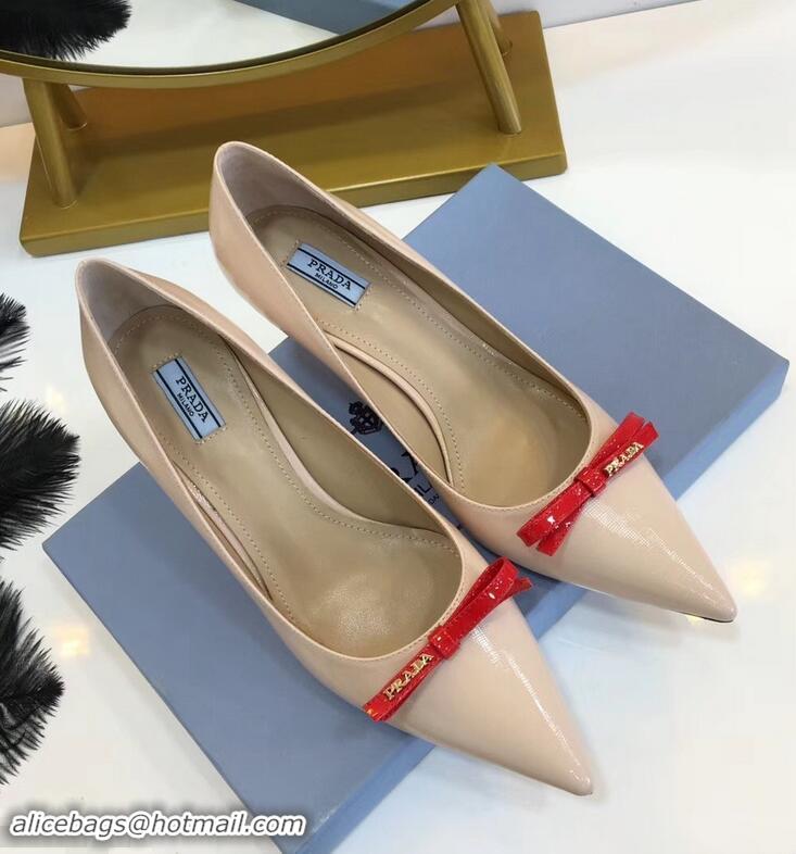 Best Price Prada Mid-Heel Pumps P93710 Nude with Bow 2019