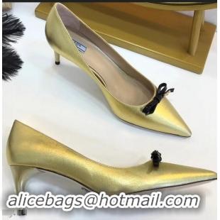 Most Fashion Prada Mid-Heel Pumps P93710 Gold with Bow 2019