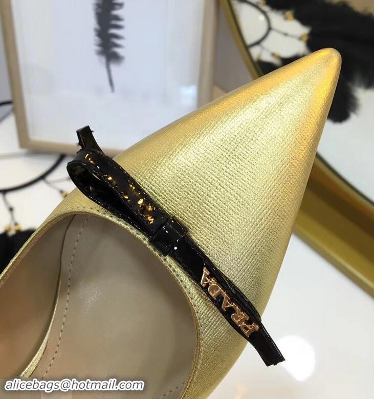 Most Fashion Prada Mid-Heel Pumps P93710 Gold with Bow 2019