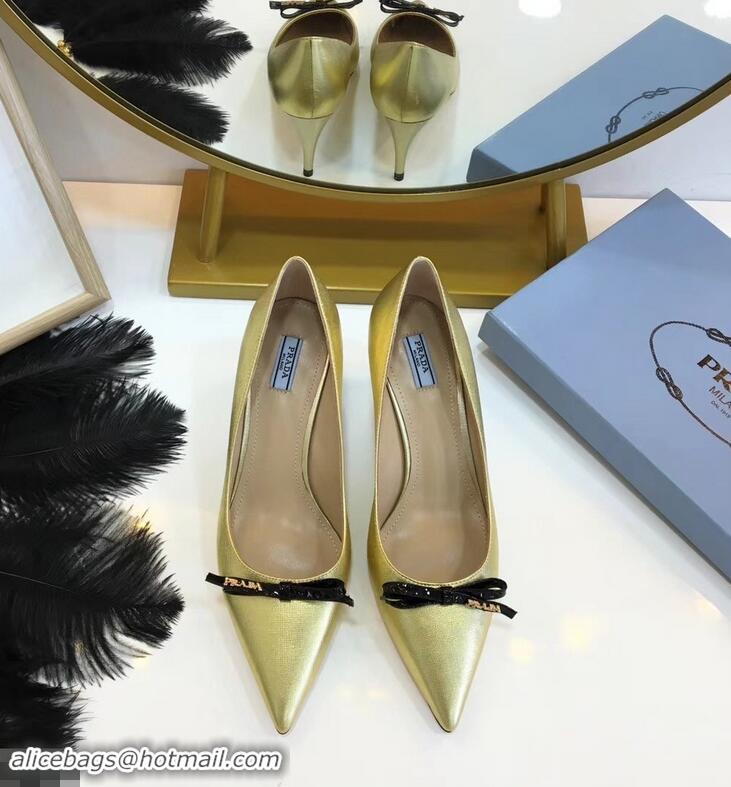 Most Fashion Prada Mid-Heel Pumps P93710 Gold with Bow 2019