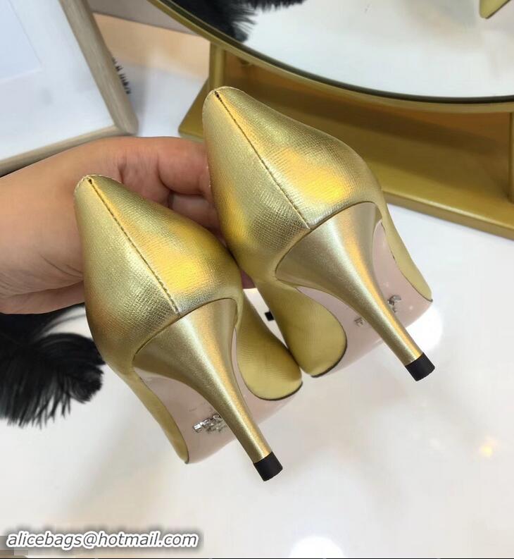 Most Fashion Prada Mid-Heel Pumps P93710 Gold with Bow 2019