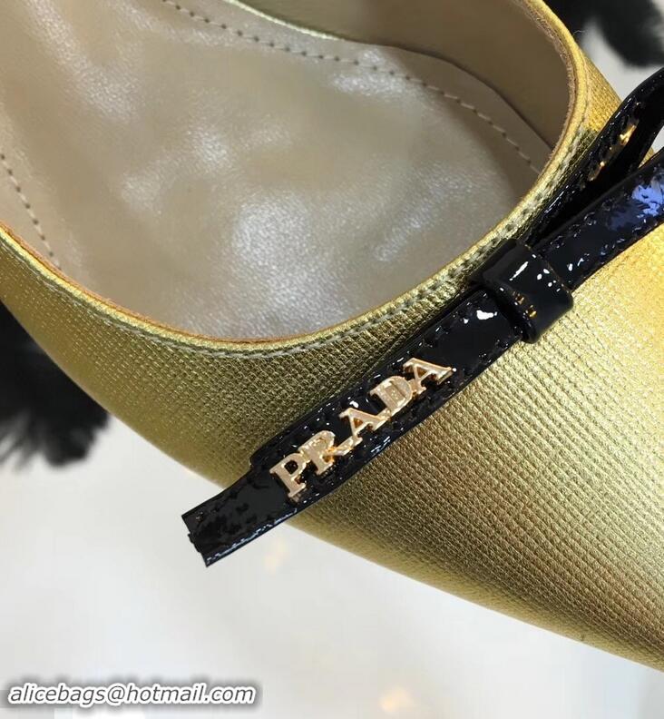 Most Fashion Prada Mid-Heel Pumps P93710 Gold with Bow 2019