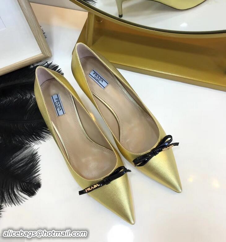 Most Fashion Prada Mid-Heel Pumps P93710 Gold with Bow 2019