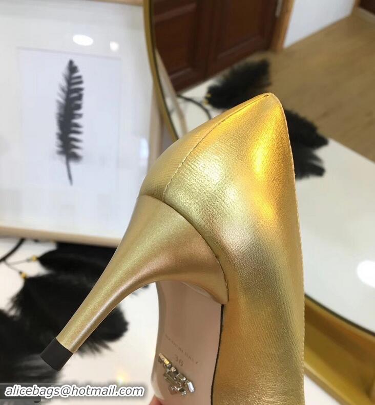 Most Fashion Prada Mid-Heel Pumps P93710 Gold with Bow 2019