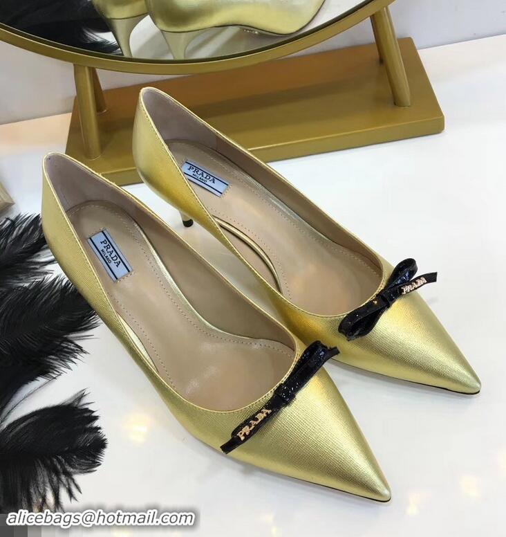 Most Fashion Prada Mid-Heel Pumps P93710 Gold with Bow 2019