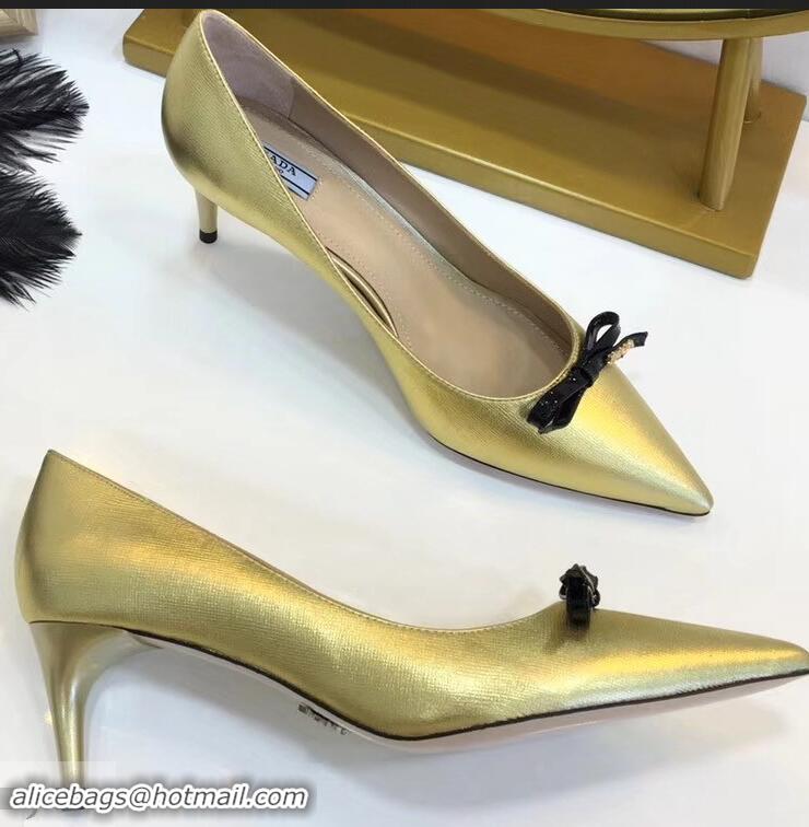 Most Fashion Prada Mid-Heel Pumps P93710 Gold with Bow 2019