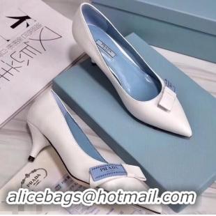 Imitation Prada Heel 5cm Logo Leather Pumps P94807 White