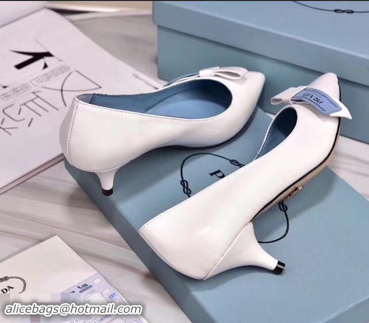 Imitation Prada Heel 5cm Logo Leather Pumps P94807 White