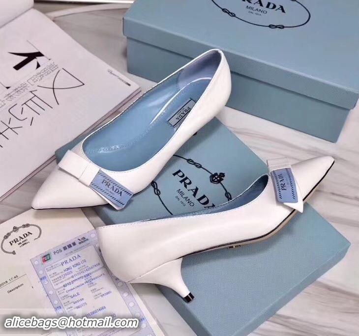 Imitation Prada Heel 5cm Logo Leather Pumps P94807 White