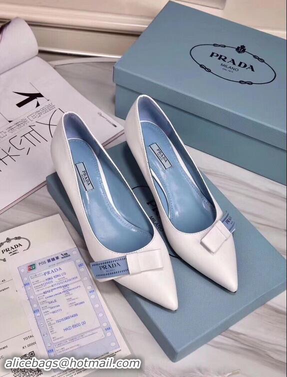 Imitation Prada Heel 5cm Logo Leather Pumps P94807 White