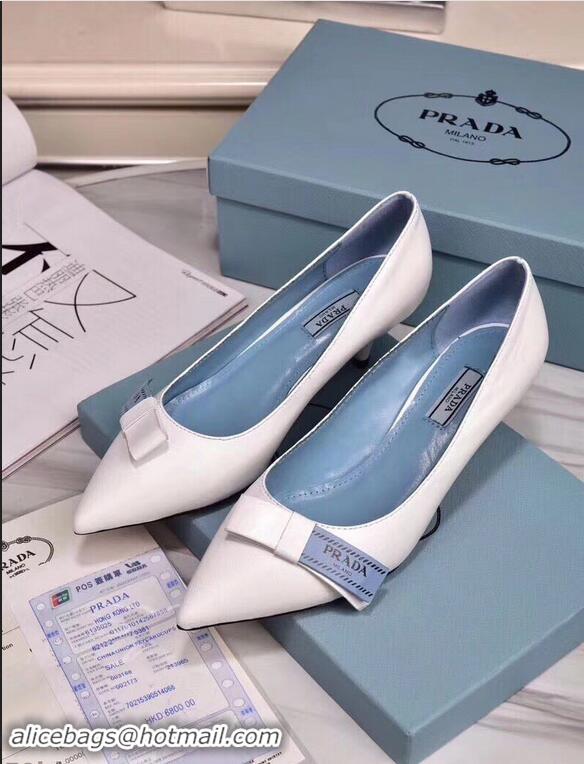 Imitation Prada Heel 5cm Logo Leather Pumps P94807 White