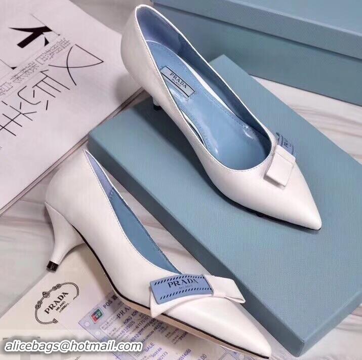 Imitation Prada Heel 5cm Logo Leather Pumps P94807 White