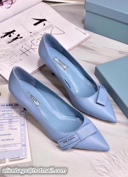 Cheapest Prada Heel 5cm Logo Leather Pumps P94807 Baby Blue