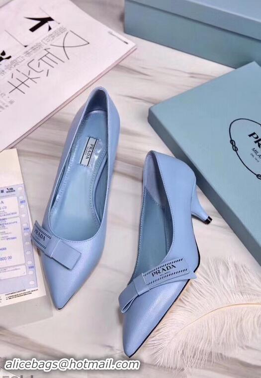 Cheapest Prada Heel 5cm Logo Leather Pumps P94807 Baby Blue