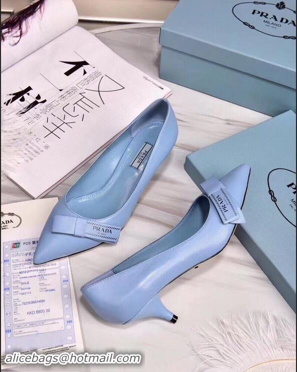 Cheapest Prada Heel 5cm Logo Leather Pumps P94807 Baby Blue