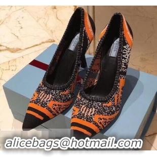 Cheapest Prada Heel 8.5cm Geometric Pattern Jacquard Knit Fabric Pointy Toe Pumps P94815 Orange 2019