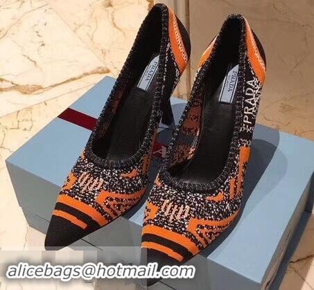 Cheapest Prada Heel 8.5cm Geometric Pattern Jacquard Knit Fabric Pointy Toe Pumps P94815 Orange 2019