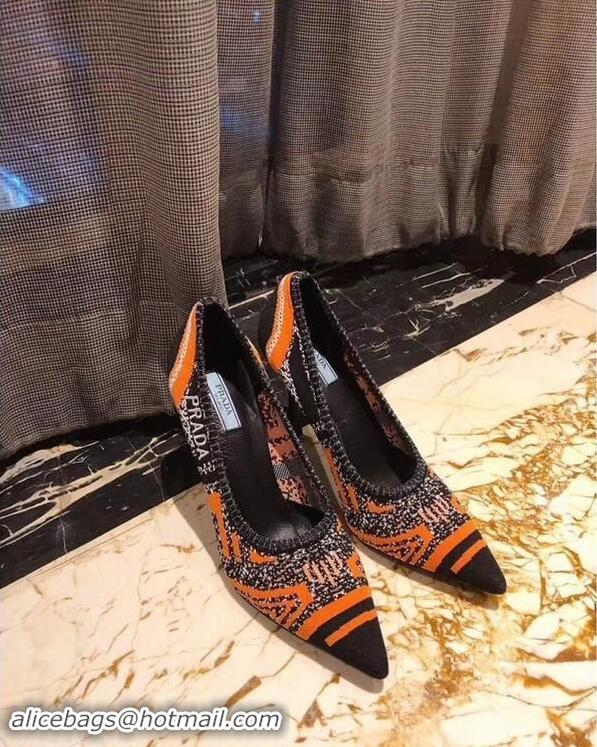 Cheapest Prada Heel 8.5cm Geometric Pattern Jacquard Knit Fabric Pointy Toe Pumps P94815 Orange 2019