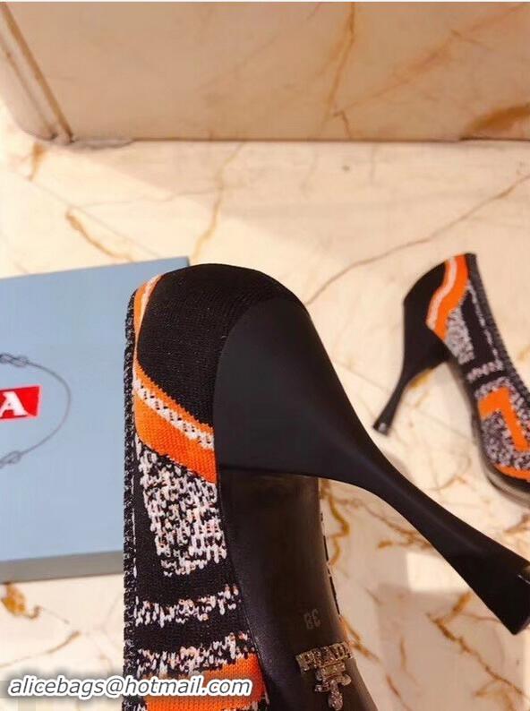 Cheapest Prada Heel 8.5cm Geometric Pattern Jacquard Knit Fabric Pointy Toe Pumps P94815 Orange 2019