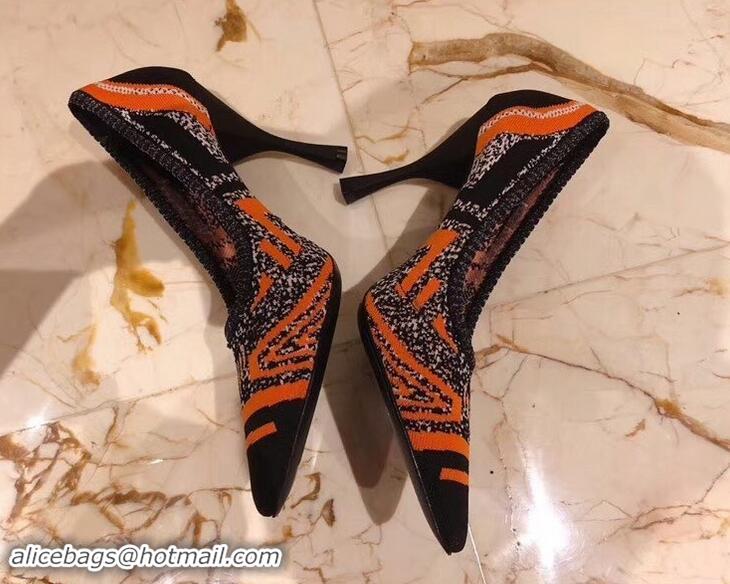 Cheapest Prada Heel 8.5cm Geometric Pattern Jacquard Knit Fabric Pointy Toe Pumps P94815 Orange 2019