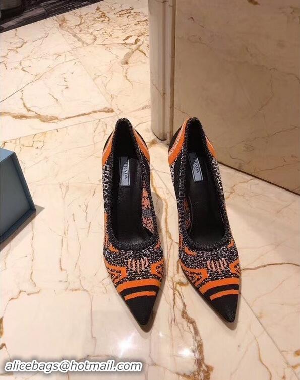 Cheapest Prada Heel 8.5cm Geometric Pattern Jacquard Knit Fabric Pointy Toe Pumps P94815 Orange 2019