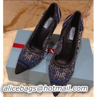 Best Grade Prada Heel 8.5cm Geometric Pattern Jacquard Knit Fabric Pointy Toe Pumps P94815 Blue 2019