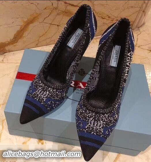 Best Grade Prada Heel 8.5cm Geometric Pattern Jacquard Knit Fabric Pointy Toe Pumps P94815 Blue 2019