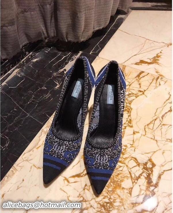 Best Grade Prada Heel 8.5cm Geometric Pattern Jacquard Knit Fabric Pointy Toe Pumps P94815 Blue 2019