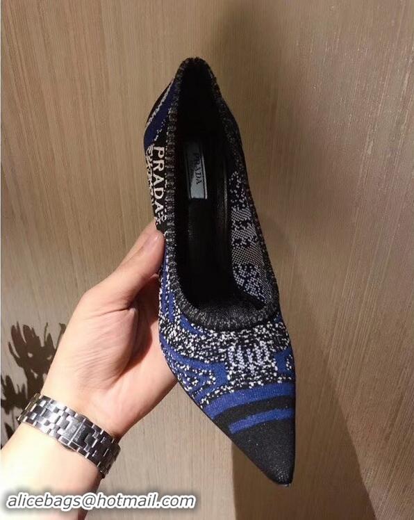 Best Grade Prada Heel 8.5cm Geometric Pattern Jacquard Knit Fabric Pointy Toe Pumps P94815 Blue 2019