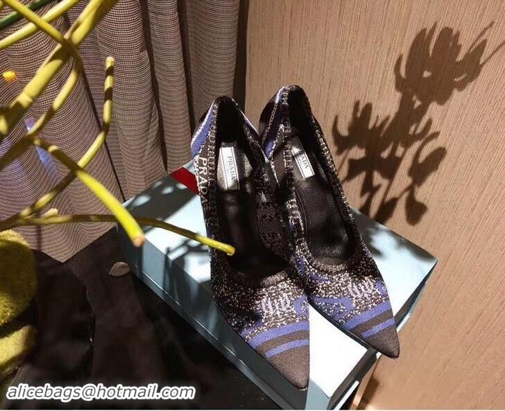 Best Grade Prada Heel 8.5cm Geometric Pattern Jacquard Knit Fabric Pointy Toe Pumps P94815 Blue 2019