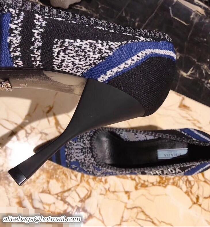 Best Grade Prada Heel 8.5cm Geometric Pattern Jacquard Knit Fabric Pointy Toe Pumps P94815 Blue 2019