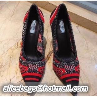 Discount Prada Heel 8.5cm Geometric Pattern Jacquard Knit Fabric Pointy Toe Pumps P94815 Red 2019