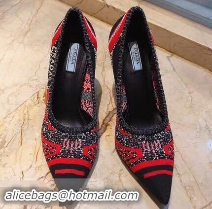 Discount Prada Heel 8.5cm Geometric Pattern Jacquard Knit Fabric Pointy Toe Pumps P94815 Red 2019