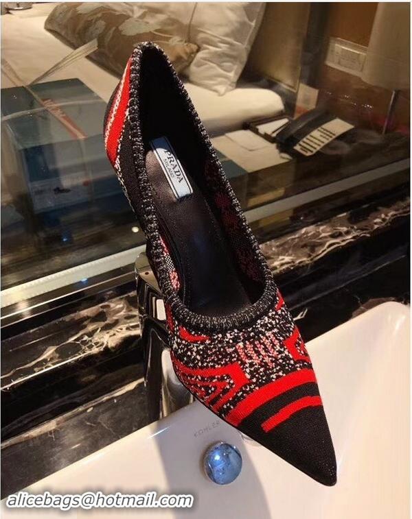 Discount Prada Heel 8.5cm Geometric Pattern Jacquard Knit Fabric Pointy Toe Pumps P94815 Red 2019