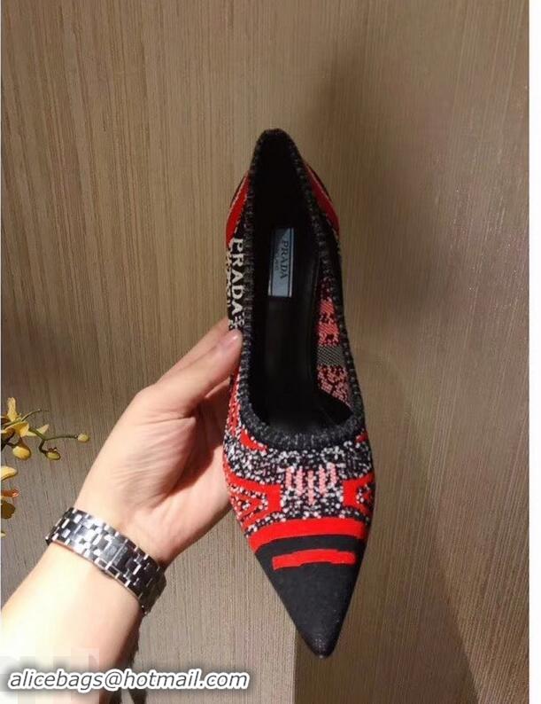 Discount Prada Heel 8.5cm Geometric Pattern Jacquard Knit Fabric Pointy Toe Pumps P94815 Red 2019