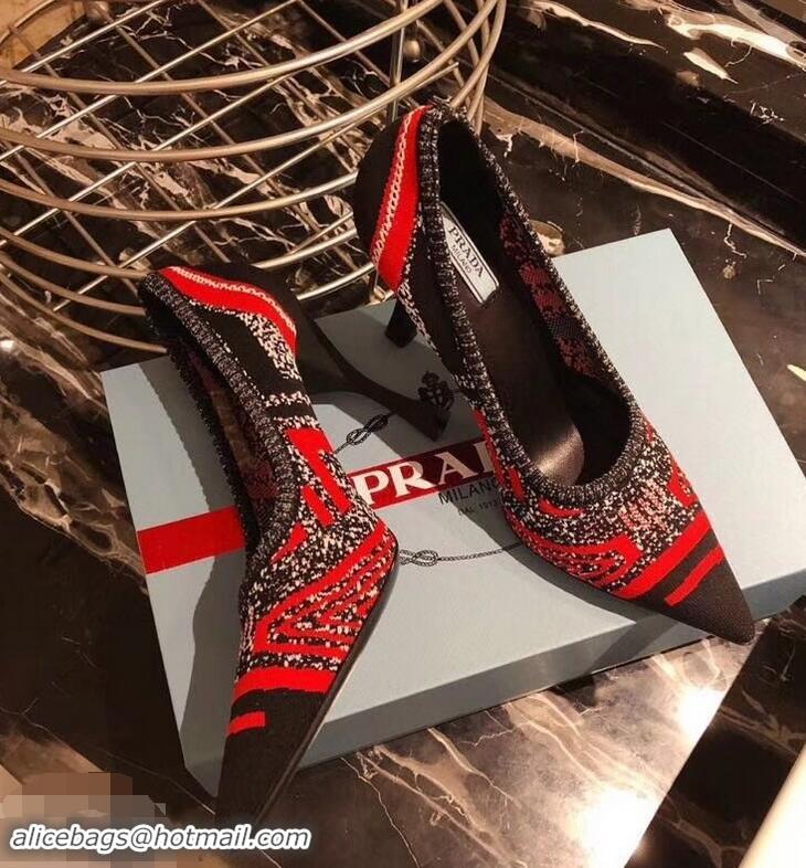 Discount Prada Heel 8.5cm Geometric Pattern Jacquard Knit Fabric Pointy Toe Pumps P94815 Red 2019