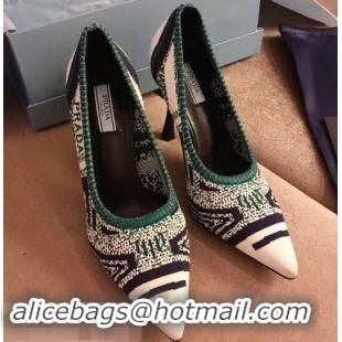 Fake Prada Heel 8.5cm Geometric Pattern Jacquard Knit Fabric Pointy Toe Pumps P94815 White/Green 2019