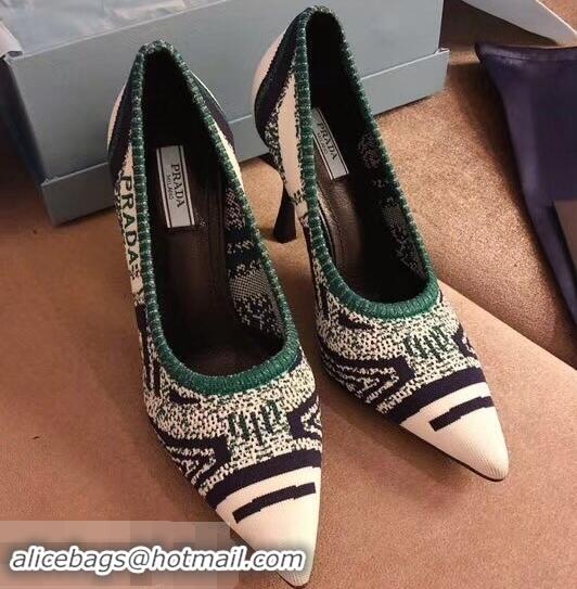 Fake Prada Heel 8.5cm Geometric Pattern Jacquard Knit Fabric Pointy Toe Pumps P94815 White/Green 2019