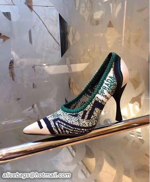 Fake Prada Heel 8.5cm Geometric Pattern Jacquard Knit Fabric Pointy Toe Pumps P94815 White/Green 2019