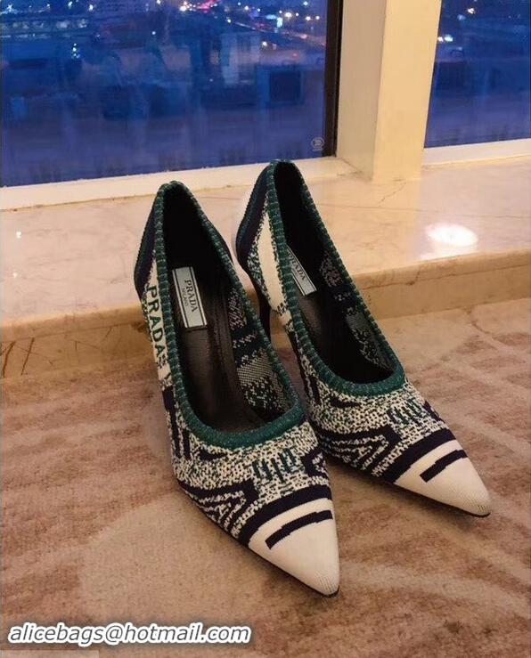 Fake Prada Heel 8.5cm Geometric Pattern Jacquard Knit Fabric Pointy Toe Pumps P94815 White/Green 2019