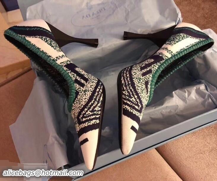 Fake Prada Heel 8.5cm Geometric Pattern Jacquard Knit Fabric Pointy Toe Pumps P94815 White/Green 2019