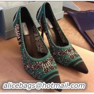 Purchase Prada Heel 8.5cm Geometric Pattern Jacquard Knit Fabric Pointy Toe Pumps P94815 Black/Green 2019