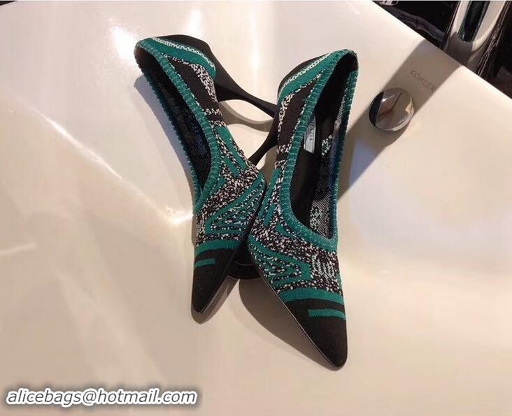 Purchase Prada Heel 8.5cm Geometric Pattern Jacquard Knit Fabric Pointy Toe Pumps P94815 Black/Green 2019