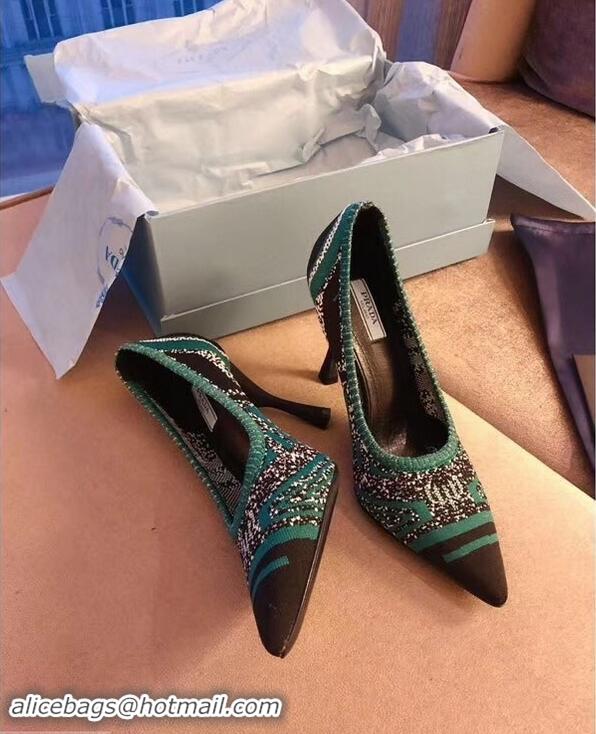 Purchase Prada Heel 8.5cm Geometric Pattern Jacquard Knit Fabric Pointy Toe Pumps P94815 Black/Green 2019