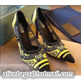 Faux Prada Heel 8.5cm Geometric Pattern Jacquard Knit Fabric Pointy Toe Pumps P94815 Yellow 2019